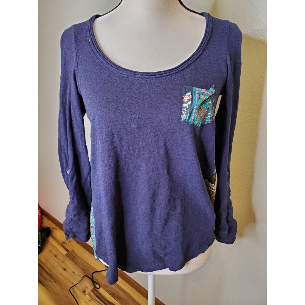 Anthropologie Small Top Blue Paisley Pocket Tee